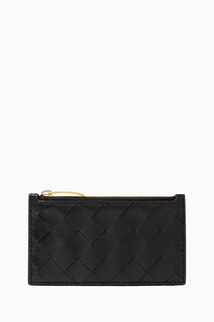 Zip Card Case in Intrecciato Leather, Black