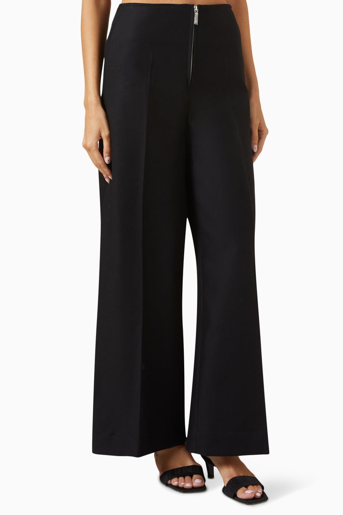 Zip-front Wide-leg Pants in Organic Cotton, Black