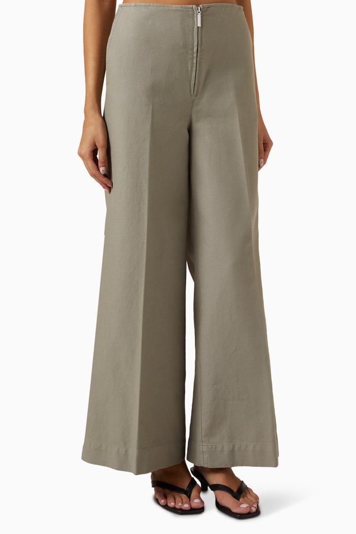 Zip-front Wide-leg Pants in Organic Cotton, Grey