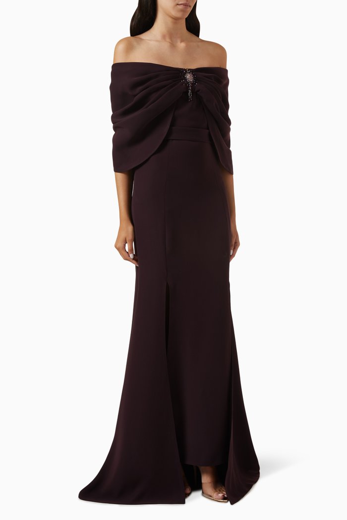 

Crystal-embellished Off-shoulder Maxi Dress in Crepe, Purple