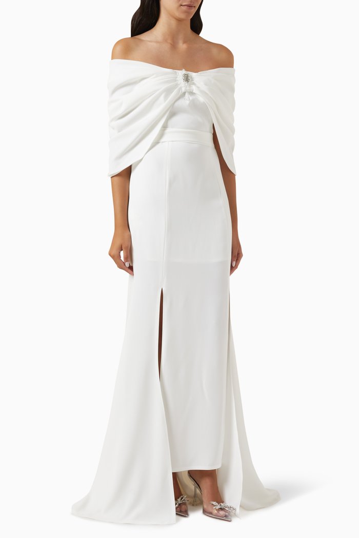 

Crystal-embellished Off-shoulder Maxi Dress in Crepe, Neutral