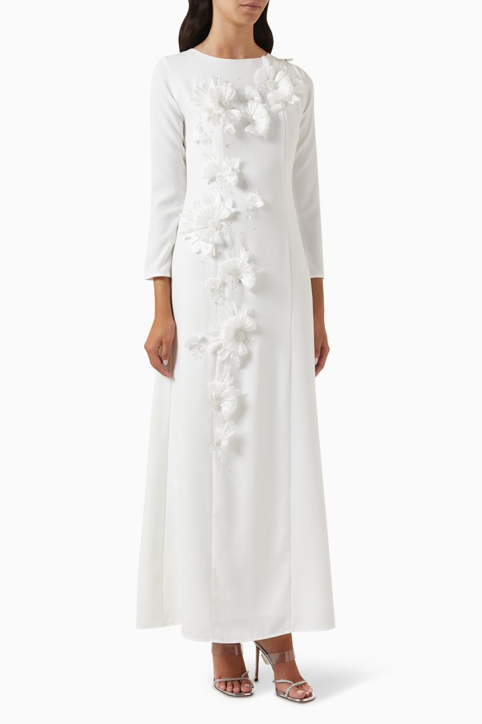 

3D Floral-embellished Maxi Dress in Crepe, Neutral