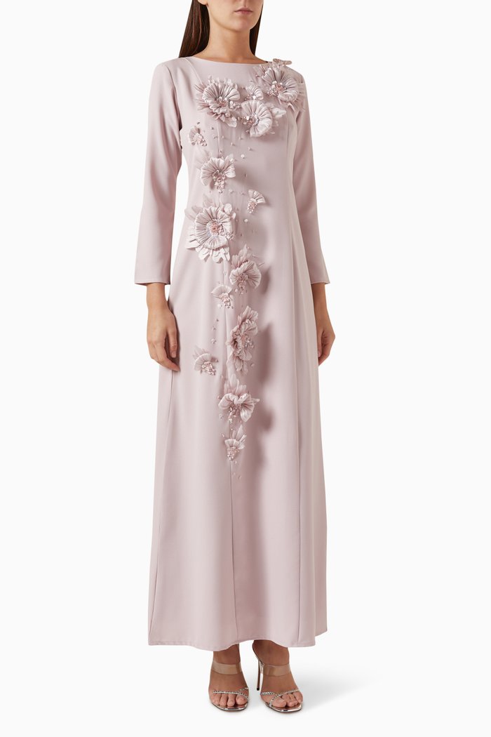 

3D Floral-embellished Maxi Dress in Crepe, Pink