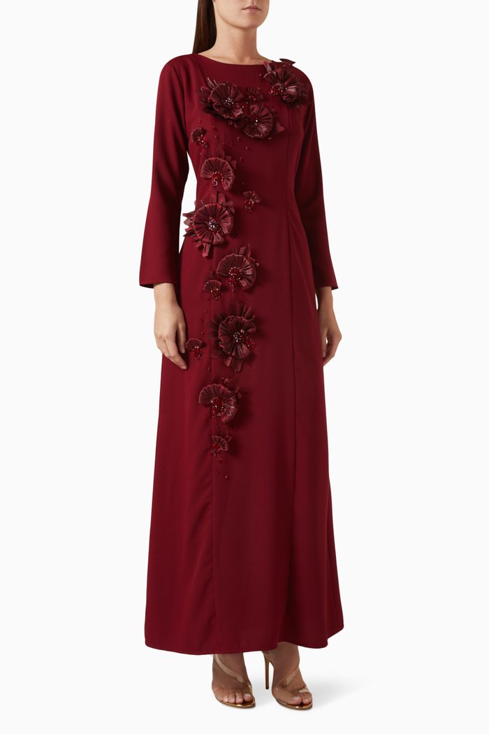 3D Floral-embellished Maxi Dress in Crepe, Red