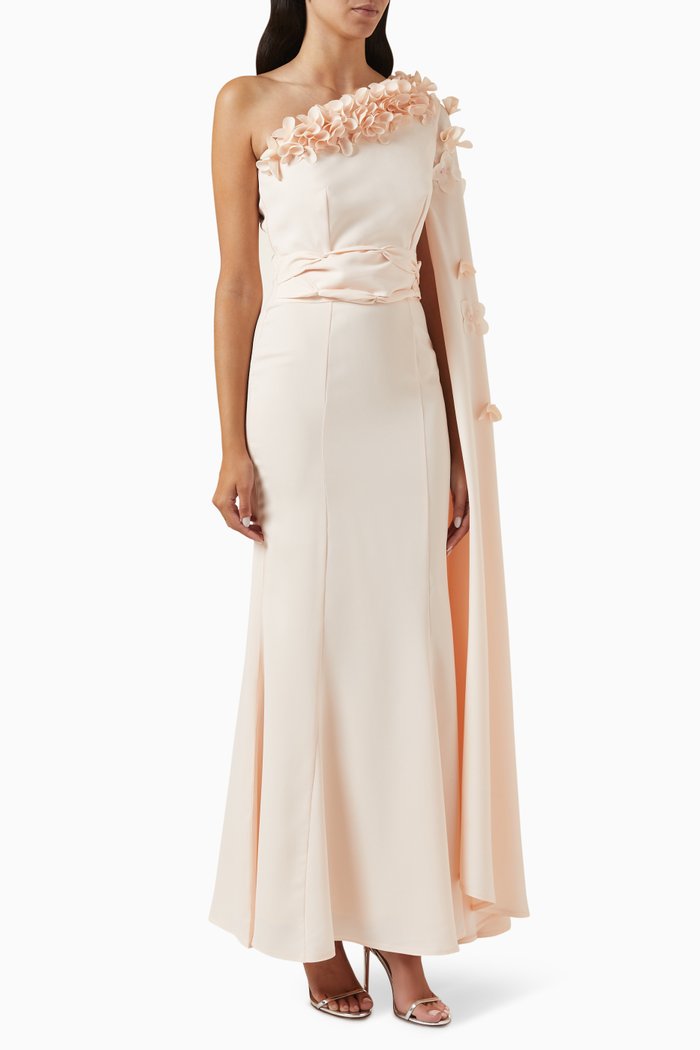 

3D Floral & Bead-embellished Maxi Dress in Crepe, Pink