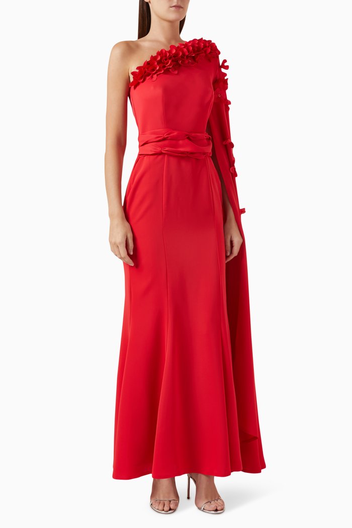 

3D Floral & Bead-embellished Maxi Dress in Crepe, Red