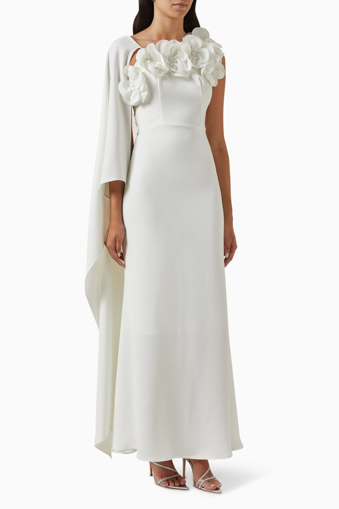 Floral Bead-embellished Maxi Dress in Crepe, Neutral