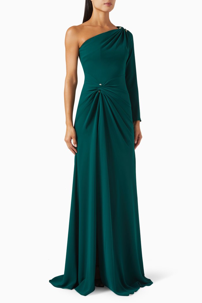 

One-shoulder Gathered Gown, Green