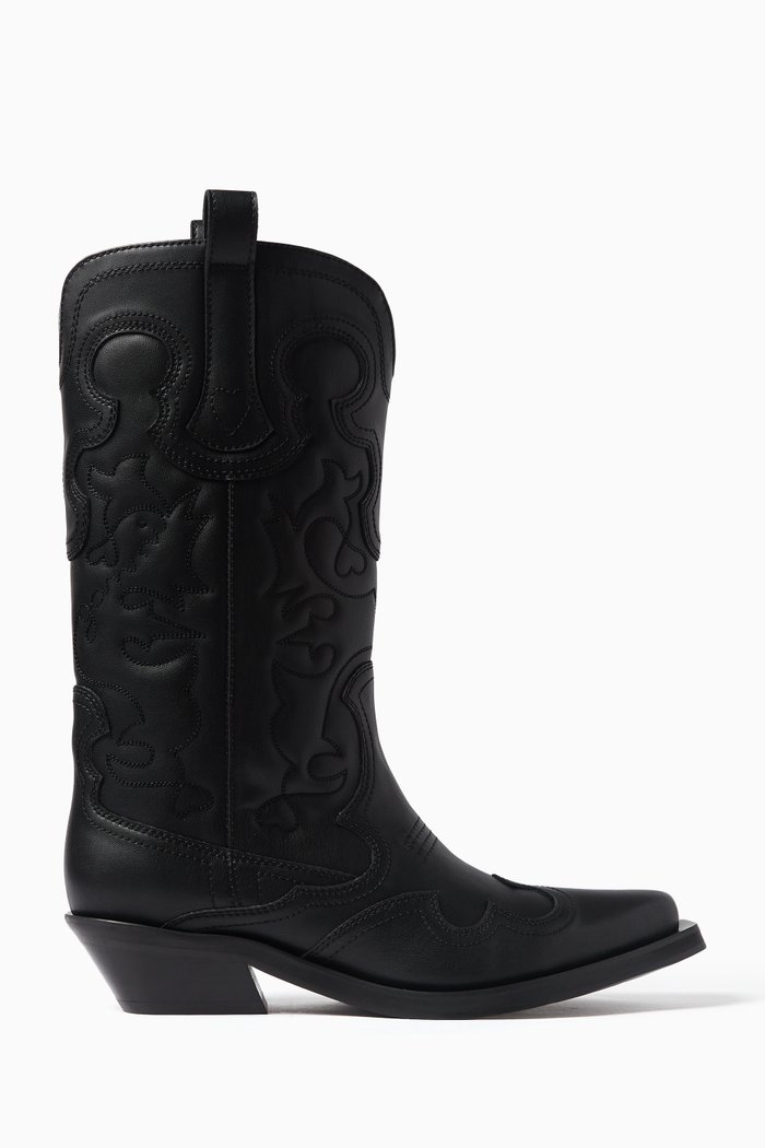 

Western Boots in Embroidered Calf Leather, Black