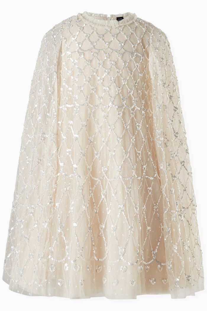 

Heart Lattice Sequin-embellished Cape Dress in Tulle, Neutral