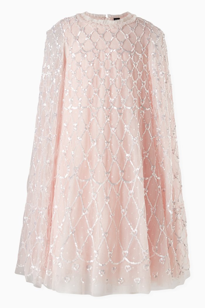 

Heart Lattice Sequin-embellished Cape Dress in Tulle, Pink