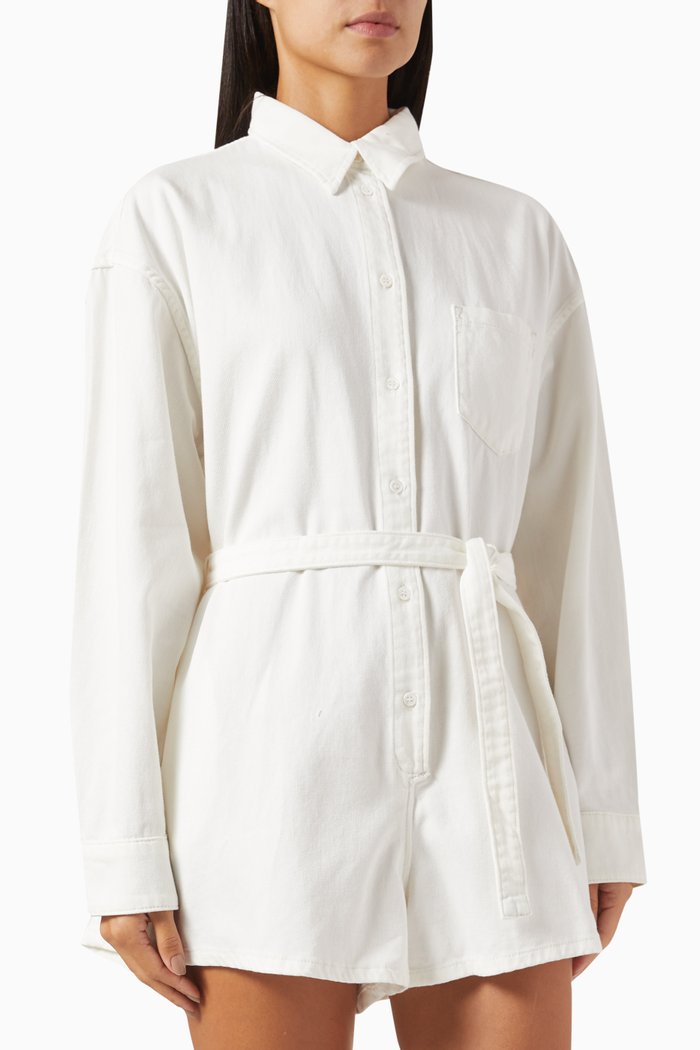 

Wren Belted Romper in Denim, White