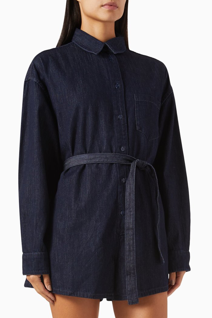 

Wren Belted Romper in Denim, Blue