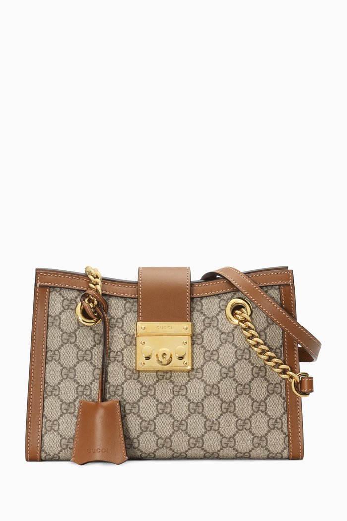 Small Padlock Shoulder Bag in GG Supreme Canvas, Brown