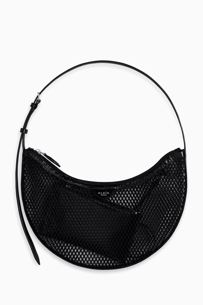

Small One Piece Demi Lune Bag in Patent Leather & Fishnet, Black