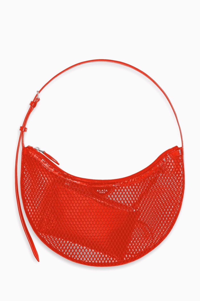 

Small One Piece Demi Lune Bag in Patent Leather & Fishnet, Orange