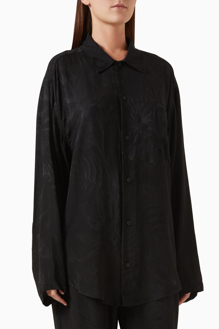 

Tropical Flowers Minimal Large Fit Shirt in Silk Jacquard, Black