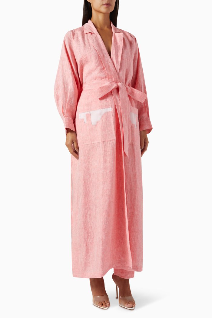 

Belted Collar Abaya in Linen, Pink