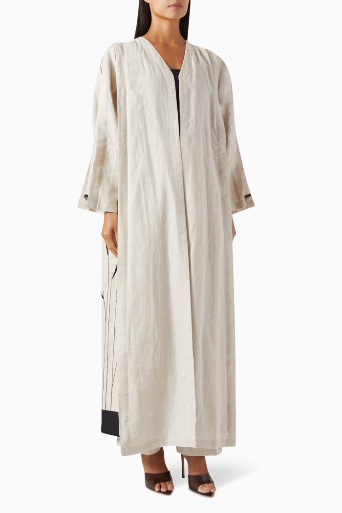 

Thread Embroidered Abaya in Linen, Neutral