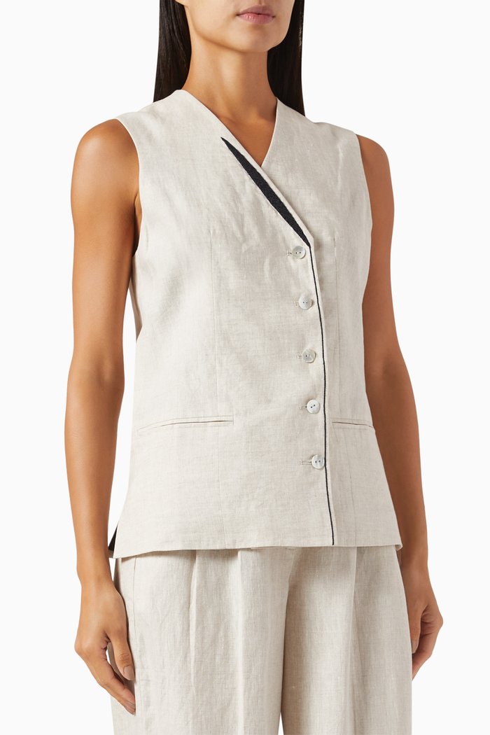 

Embroidered Overlap Vest in Linen, Neutral