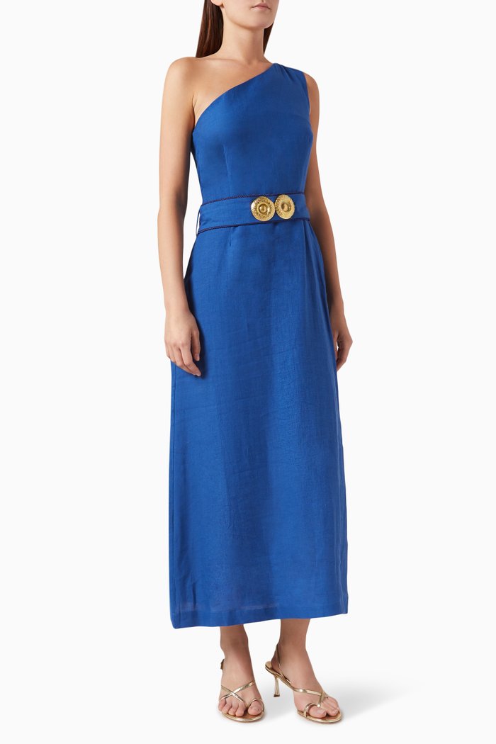 

Ino One-shoulder Midi Dress in Linen, Blue
