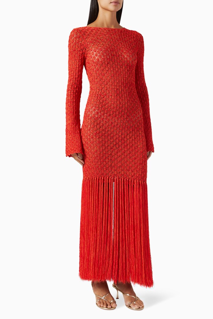 

Callista Fringe Maxi Dress in Viscose Blend, Red