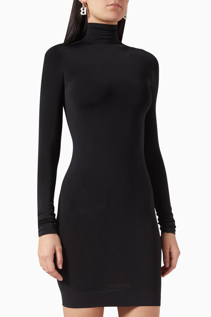 

Long-sleeve Mini Dress in Stretch Nylon, Black