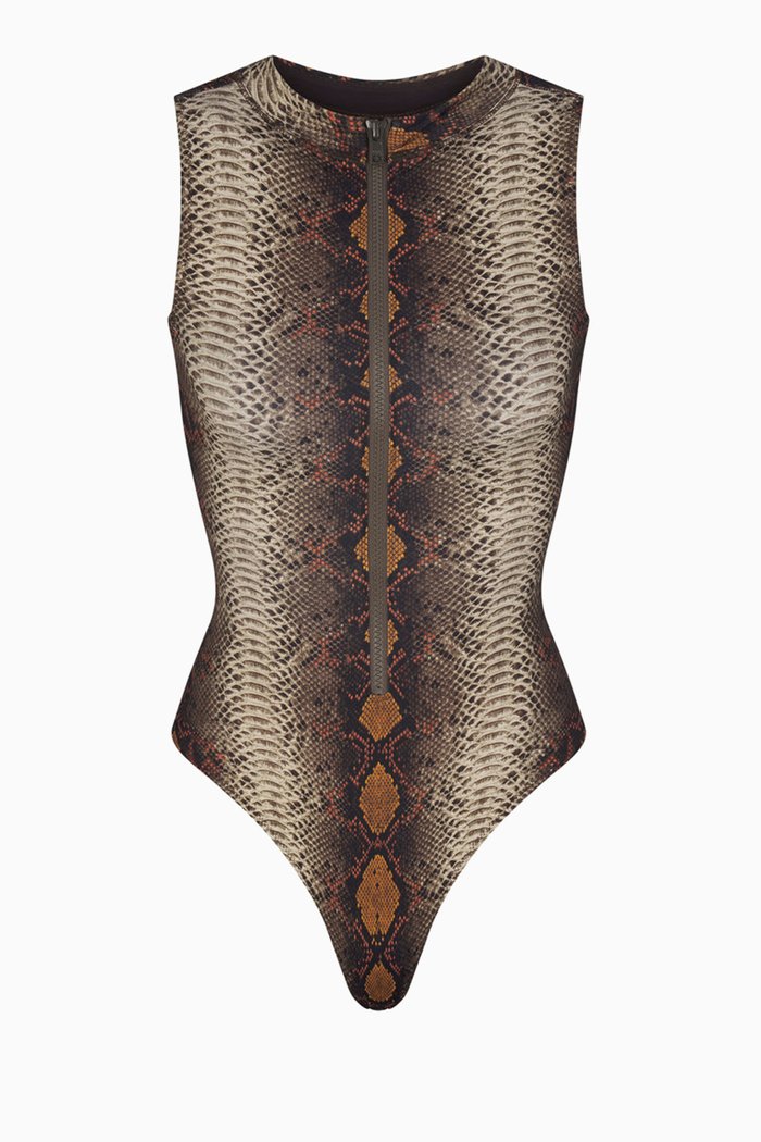 Zipped Sleeveless One-piece Swimsuit, Brown