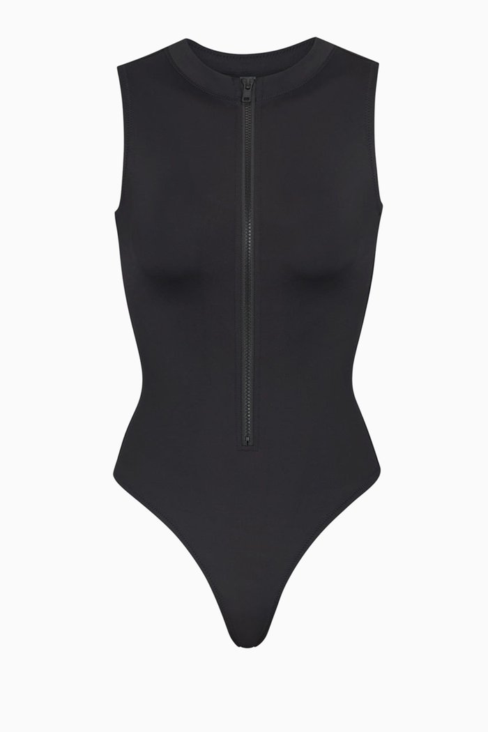 Zipped Sleeveless One-piece Swimsuit, Black