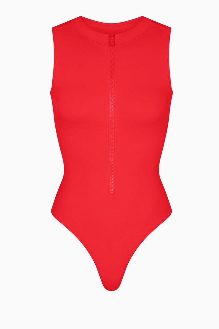 Zipped Sleeveless One-piece Swimsuit, Red