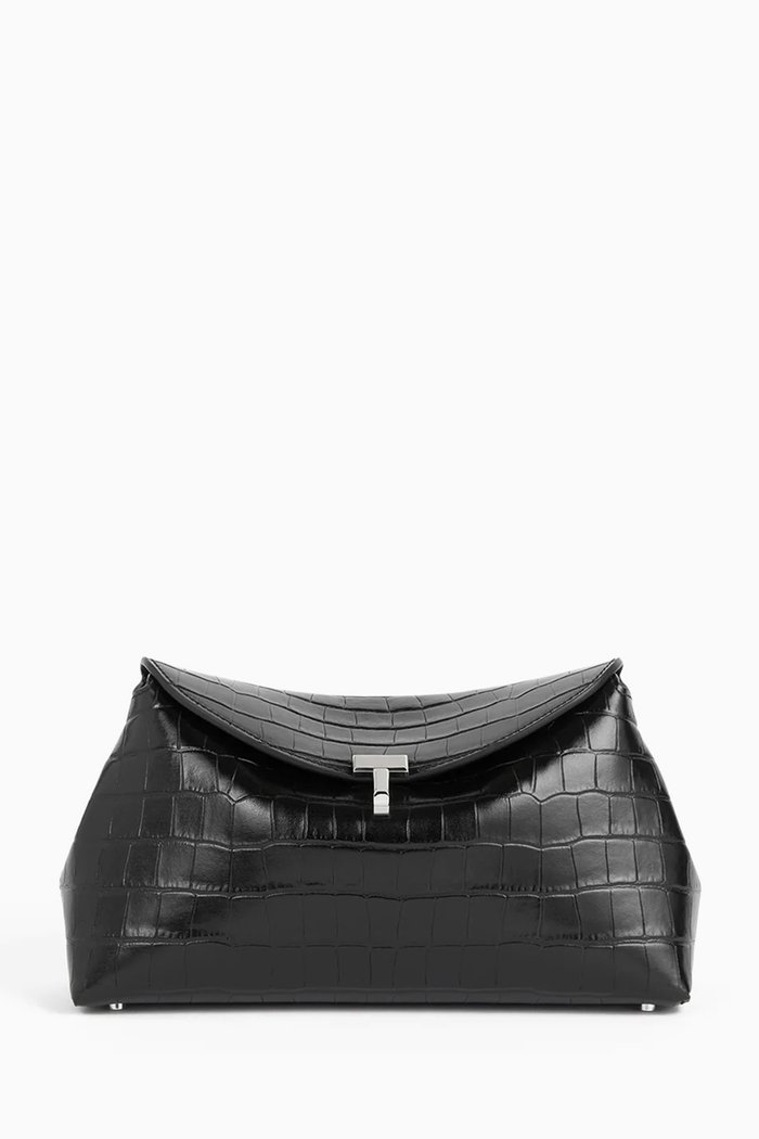 

T-Lock Clutch in Croc-embossed Leather, Black