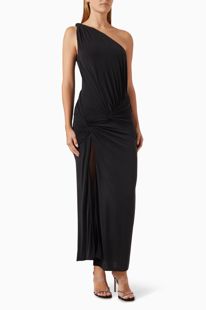 Marila One-shoulder Maxi Dress in Stretch Cupro, Black