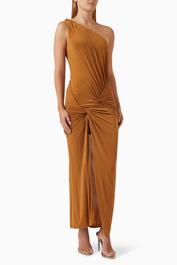

Marila One-shoulder Maxi Dress in Stretch Cupro, Brown