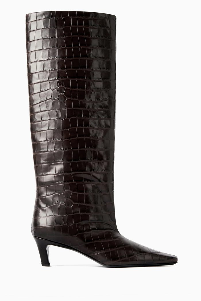 

The Wide Shaft Boot in Croc-embossed Leather, Brown