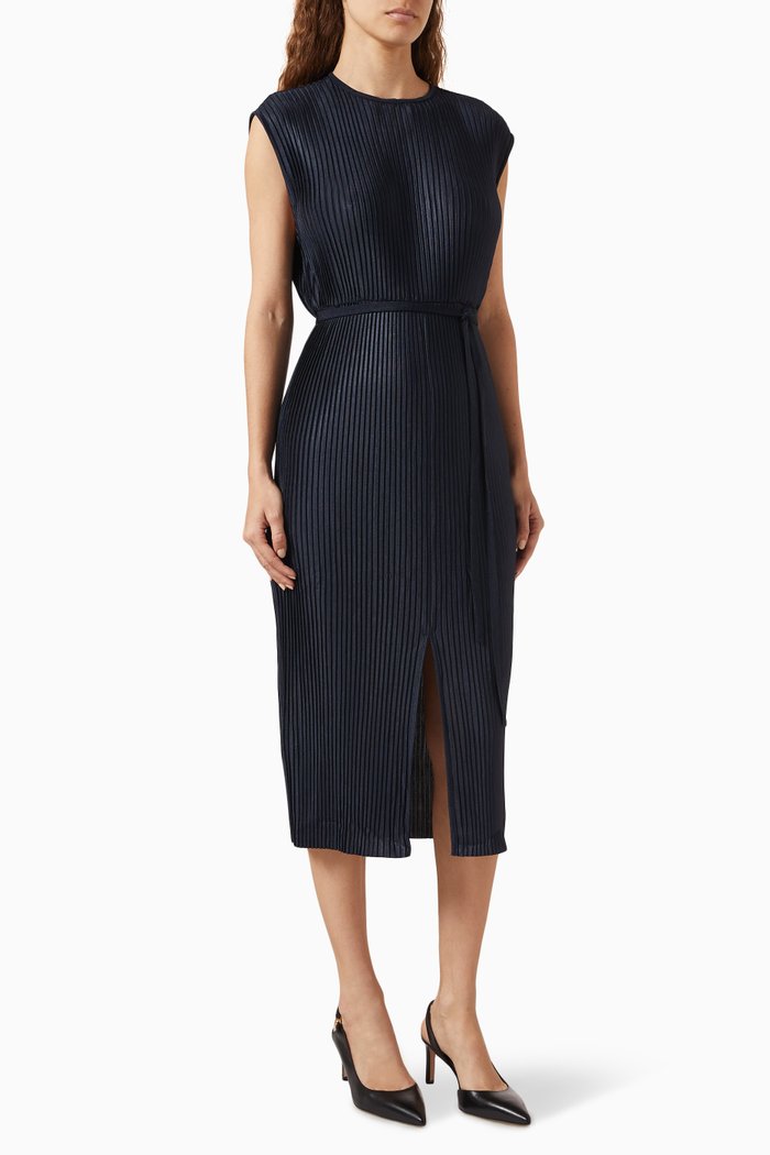 Belted Sleeveless Dress in High-shine Plissé, Blue