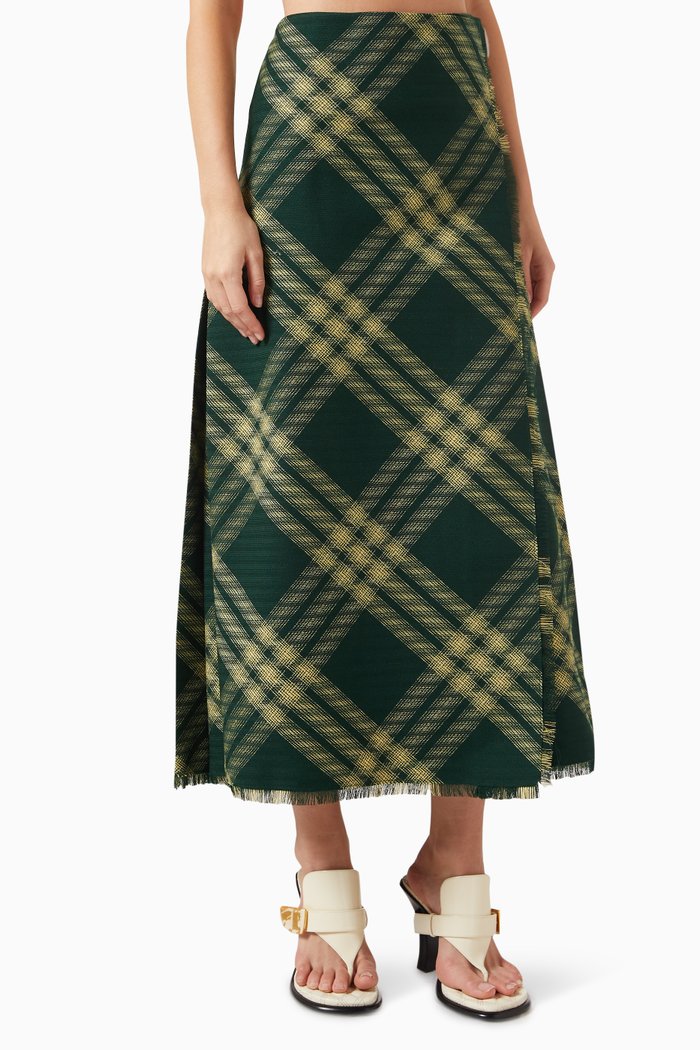 

Check-print Midi Skirt in Wool, Green