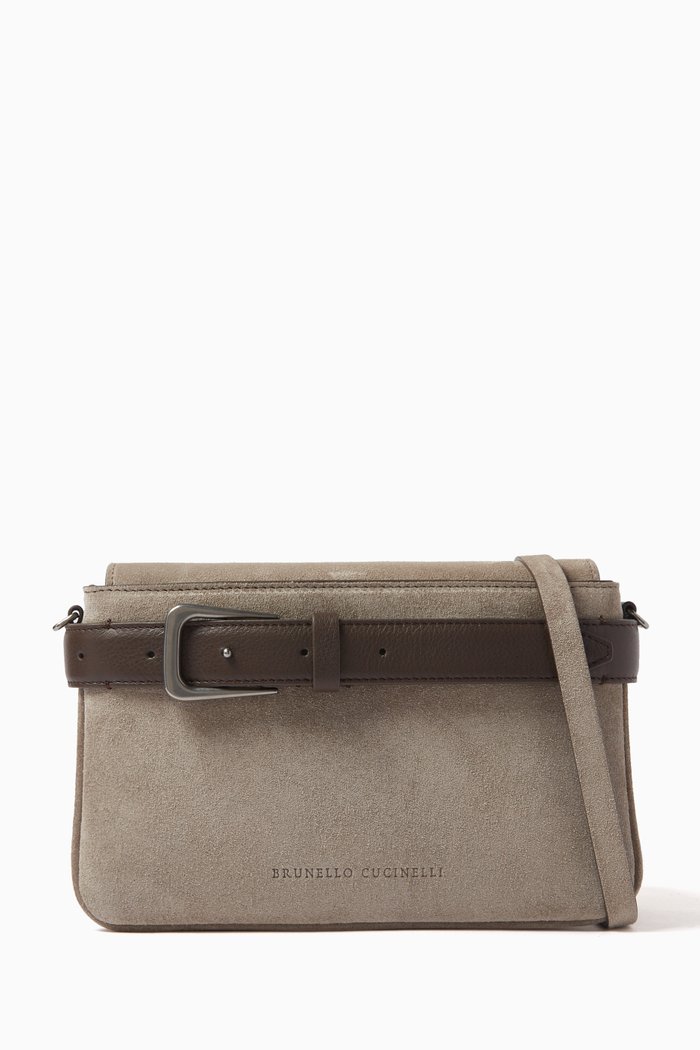 Buckled Belt Crossbody Bag in Suede, Grey