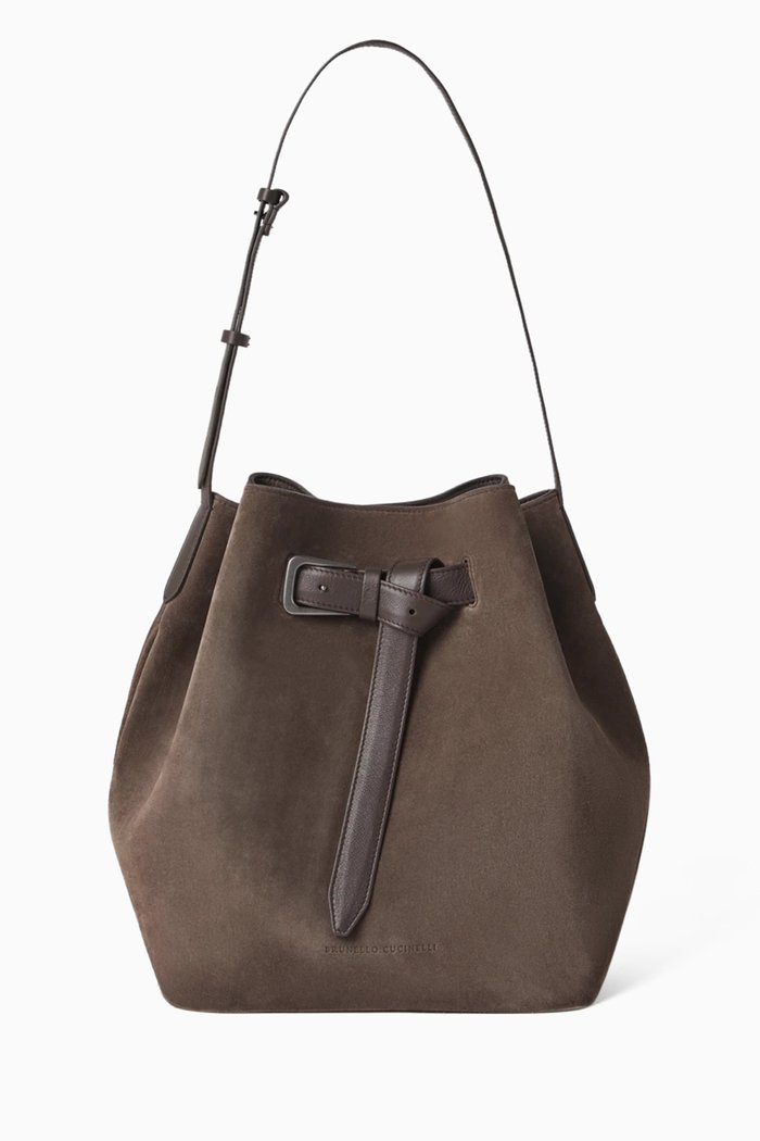 

Soft Bag with Belt in Suede Leather, Brown