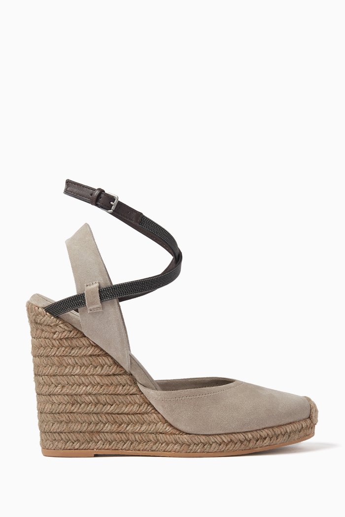 

Monili-embellished Suede Wedge Sandals, Grey