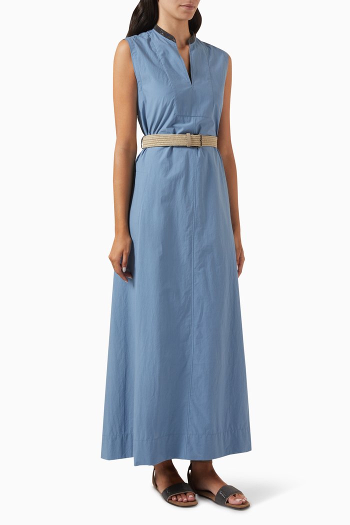 

Belted Maxi Dress in Cotton Poplin, Blue