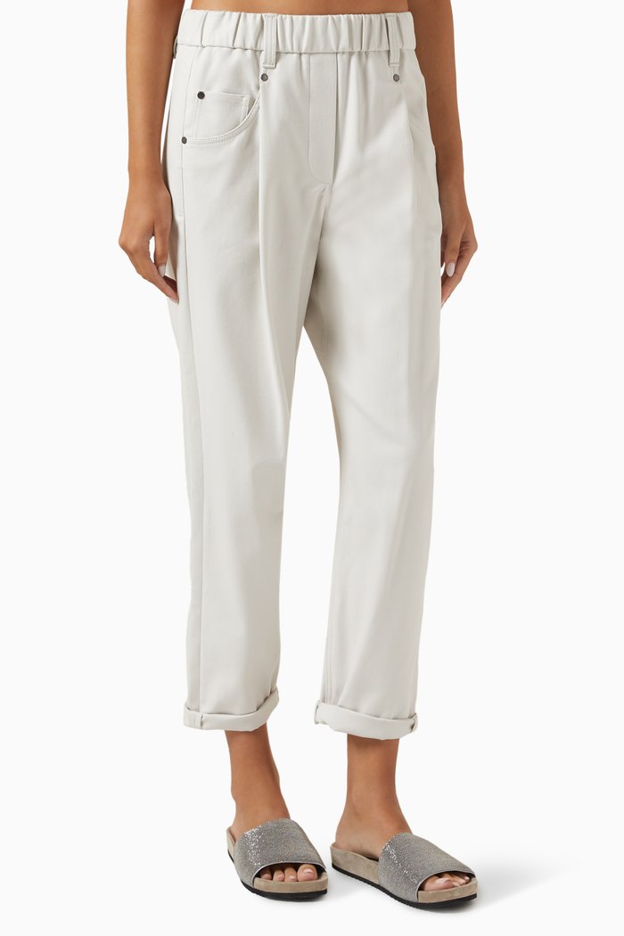 

Elasticated Straight-leg Pants in Cotton Blend, White