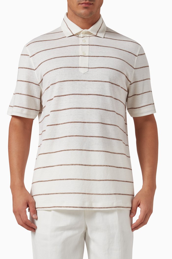 

Striped Polo Shirt in Linen & Cotton, White