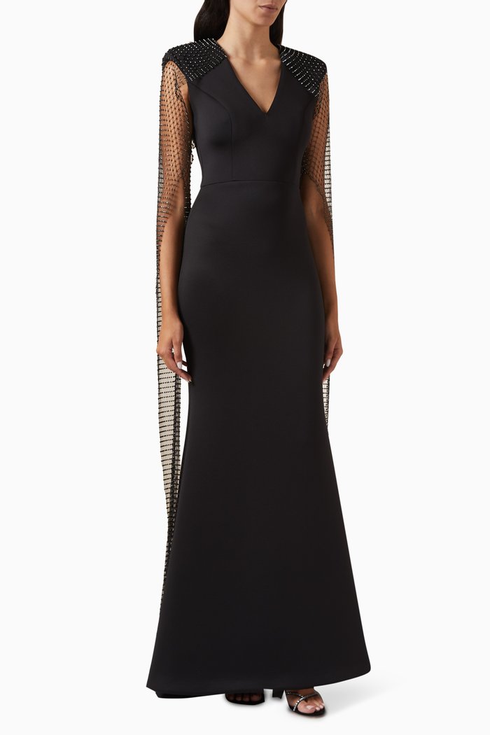 

Yara Crystal Cape Maxi Dress in Scuba, Black