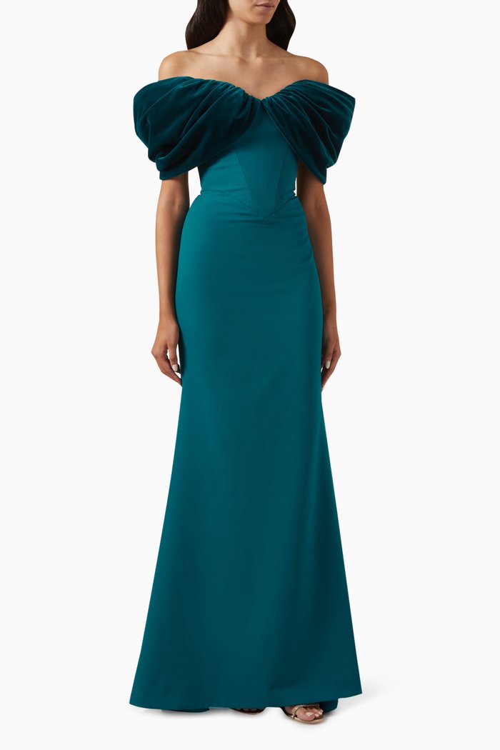 

Ivona Velvet-trim Maxi Dress in Stretch-crepe, Green