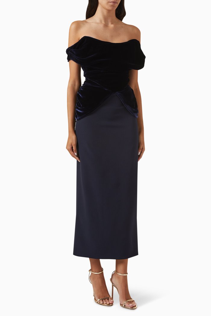 

Siri Velvet Bodice Midi Dress in Stretch-crepe, Blue