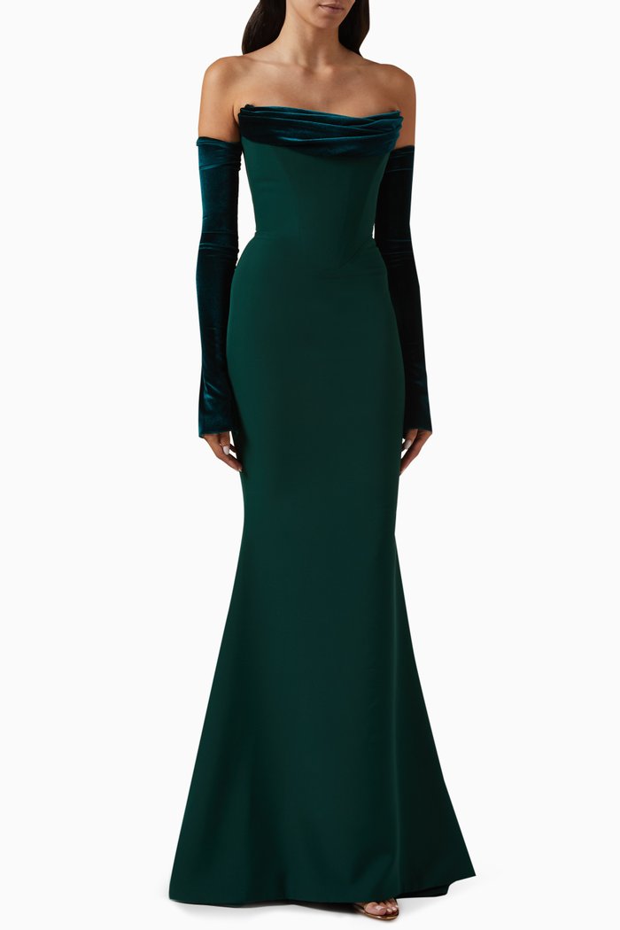 

Raven Velvet-trim Maxi Dress in Stretch-crepe, Green