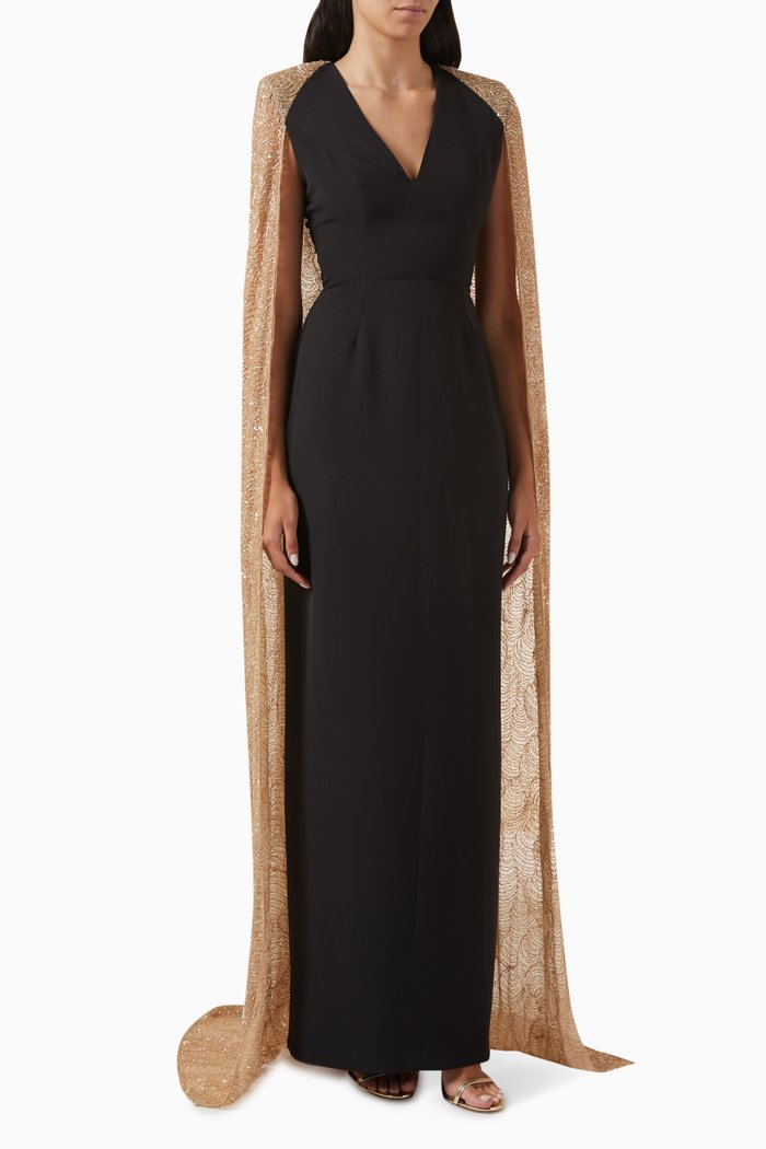 

Asma Cape-sleeve Gown in Crepe, Gold