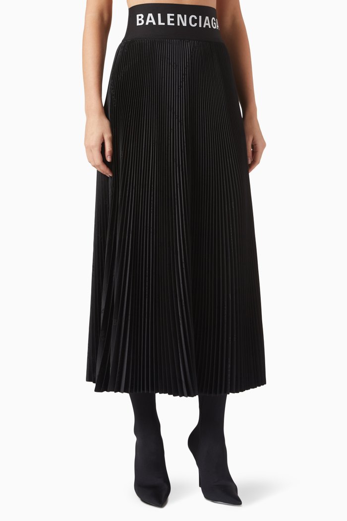 

Pleated Logo Midi Skirt in Technical Jacquard, Black
