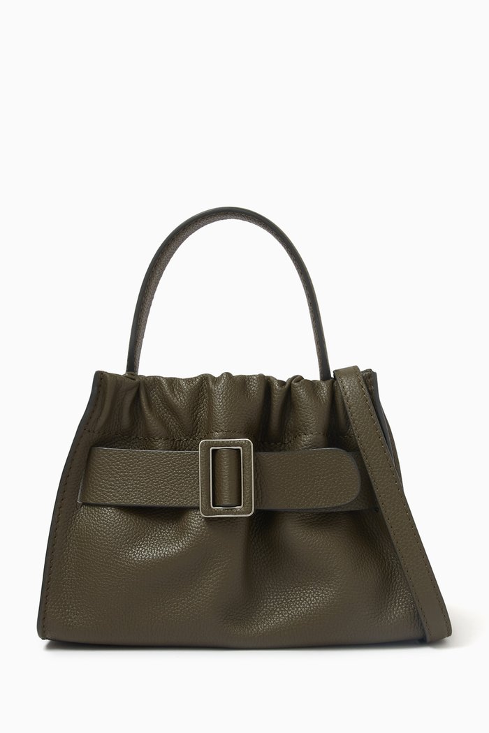 

Square Scrunchy Top-handle Satchel Bag in Grained Leather, Green