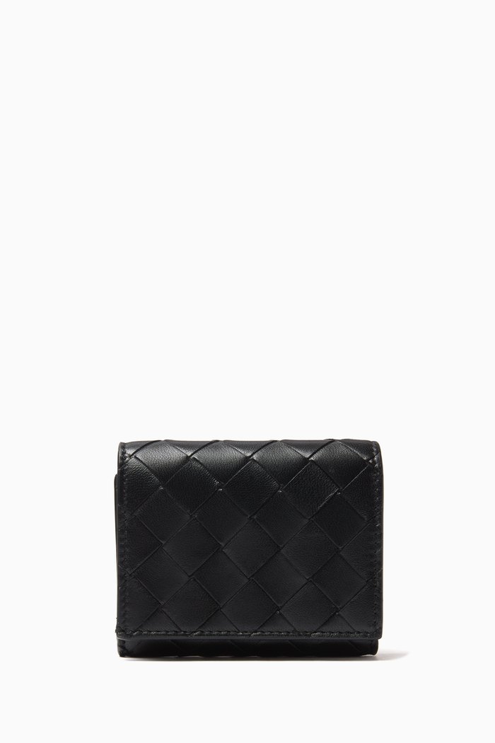 

Tri-fold Zip Wallet in Intrecciato Leather, Black